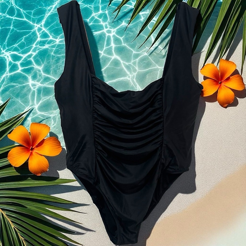 NEW J. Crew Black Ruched Square Neck One Piece Swimsuit Resort Beach Size‎ 22